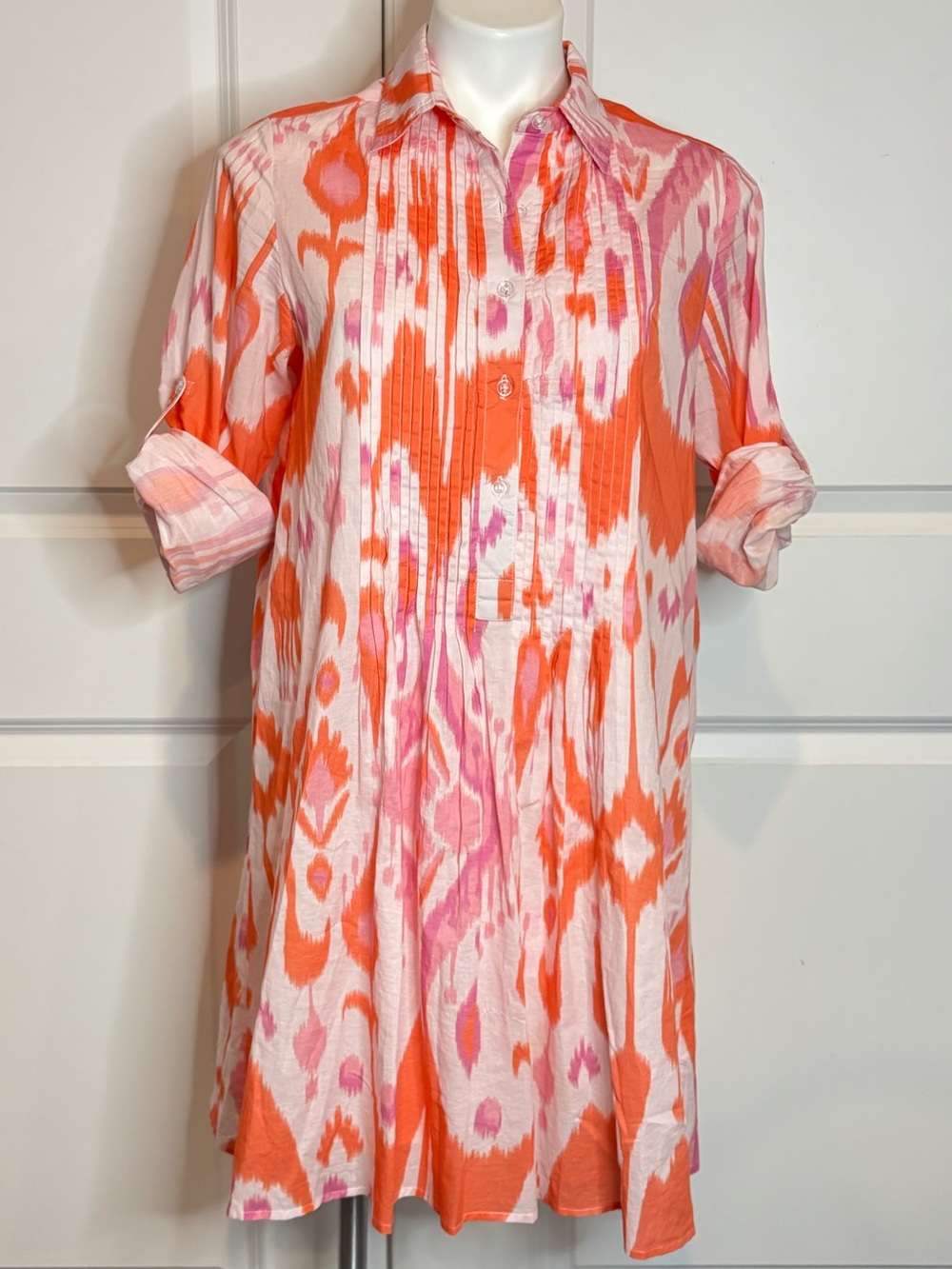 Sheridan French Orange Pink Ikat Pleated Bib Long Sleeve Dress XS